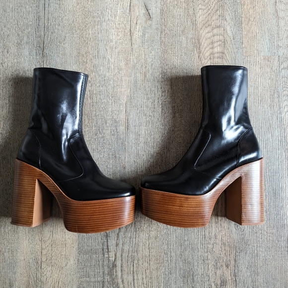 Free People x Jeffrey Campbell Black Mexique Mid Calf Brown Platform Heel Boots - Picture 3 of 8